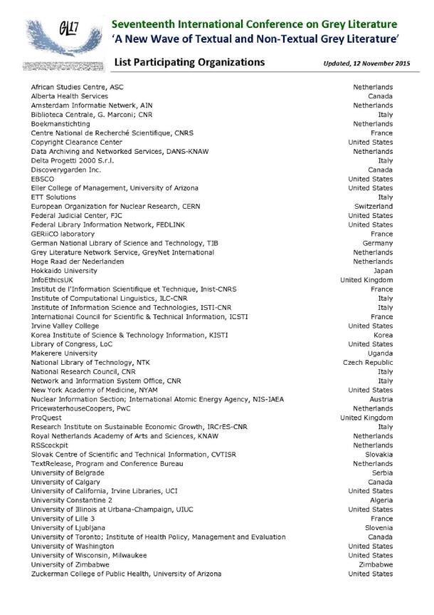 GL17 List Participating Organizations